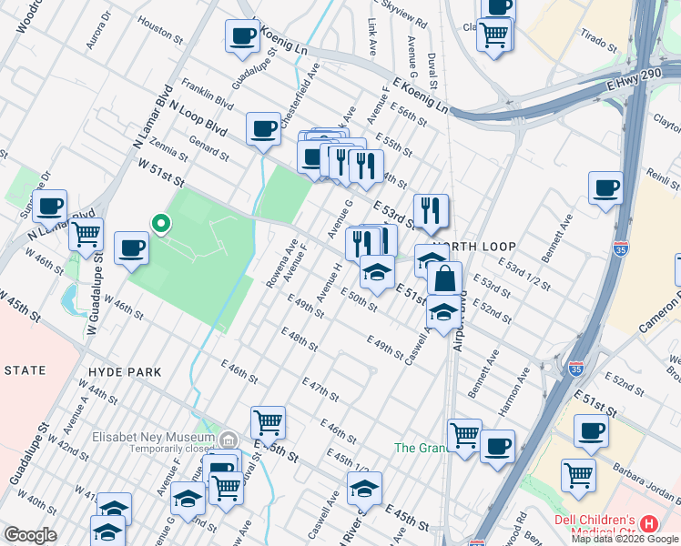 map of restaurants, bars, coffee shops, grocery stores, and more near 5004 Duval Street in Austin