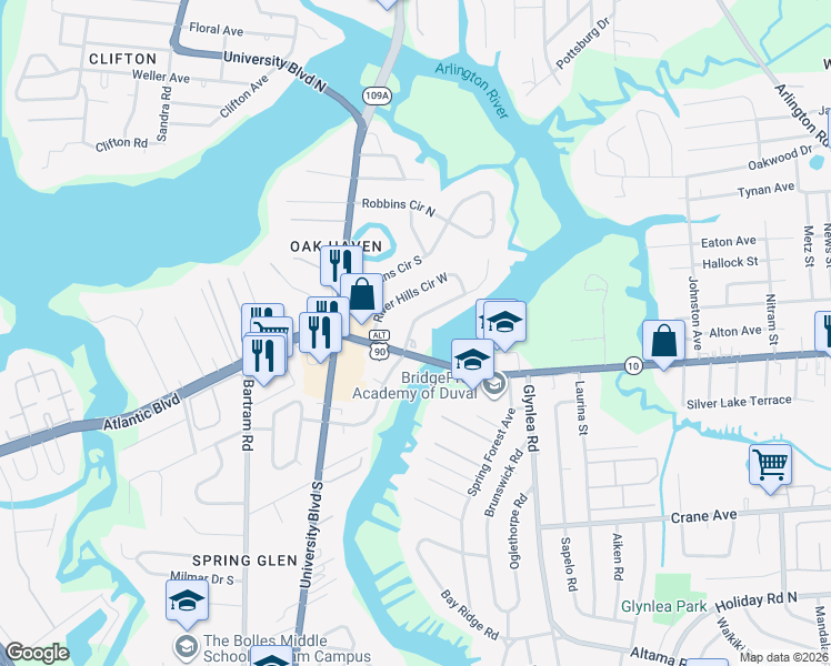 map of restaurants, bars, coffee shops, grocery stores, and more near in Jacksonville