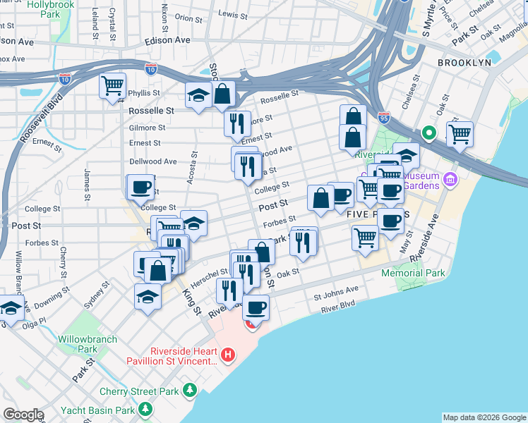 map of restaurants, bars, coffee shops, grocery stores, and more near 2345 Forbes Street in Jacksonville