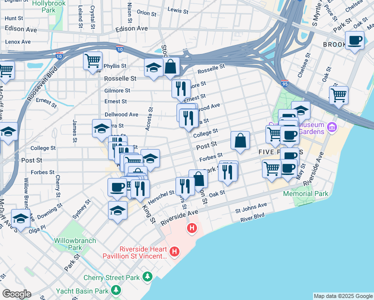 map of restaurants, bars, coffee shops, grocery stores, and more near 2530 Post Street in Jacksonville
