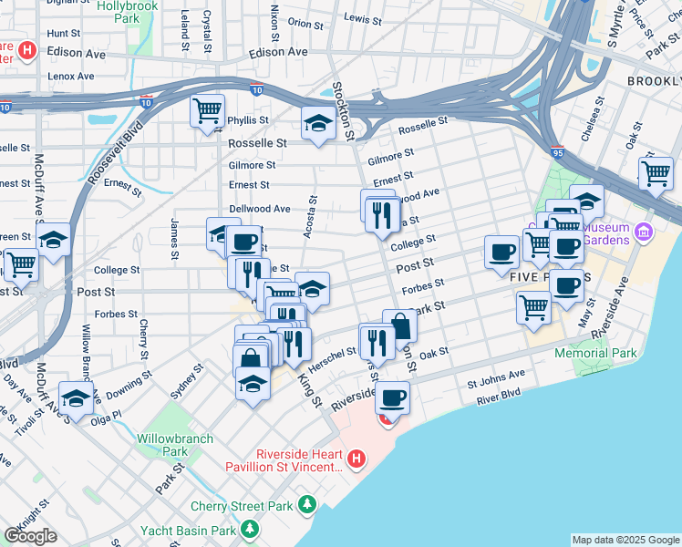 map of restaurants, bars, coffee shops, grocery stores, and more near 2574 Post Street in Jacksonville