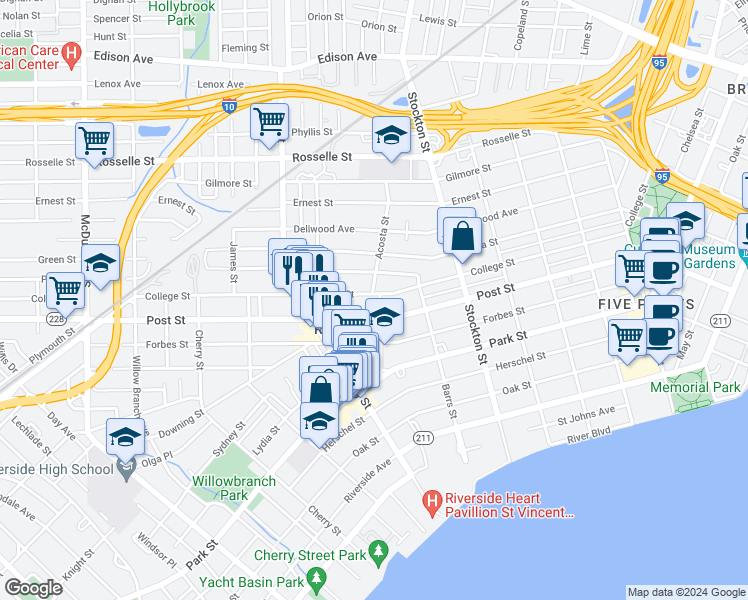 map of restaurants, bars, coffee shops, grocery stores, and more near 2627 Post Street in Jacksonville