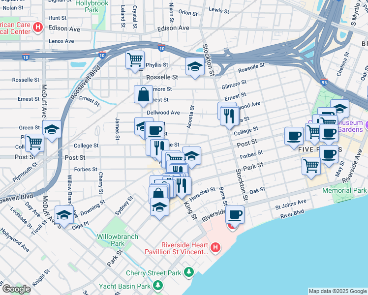 map of restaurants, bars, coffee shops, grocery stores, and more near 2627 Post Street in Jacksonville