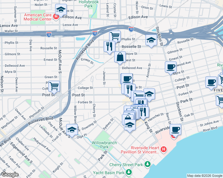 map of restaurants, bars, coffee shops, grocery stores, and more near 2769 Post Street in Jacksonville