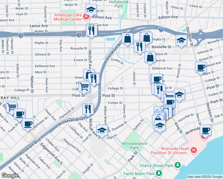 map of restaurants, bars, coffee shops, grocery stores, and more near 2903 Post Street in Jacksonville
