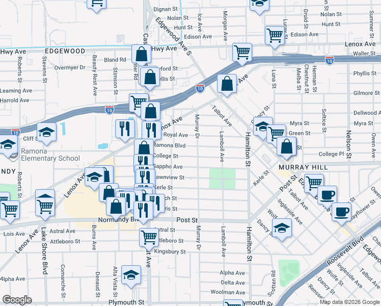 map of restaurants, bars, coffee shops, grocery stores, and more near 4730 College Street in Jacksonville