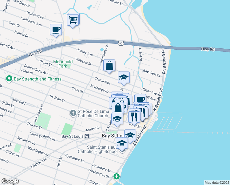 map of restaurants, bars, coffee shops, grocery stores, and more near 298 North Toulme Street in Bay Saint Louis