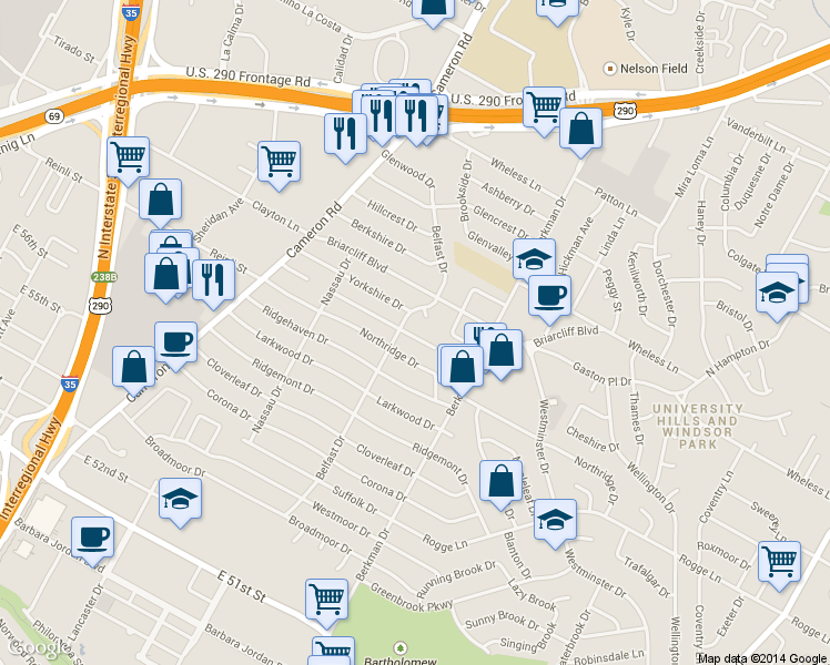 map of restaurants, bars, coffee shops, grocery stores, and more near 1511 Braes Ridge Drive in Austin