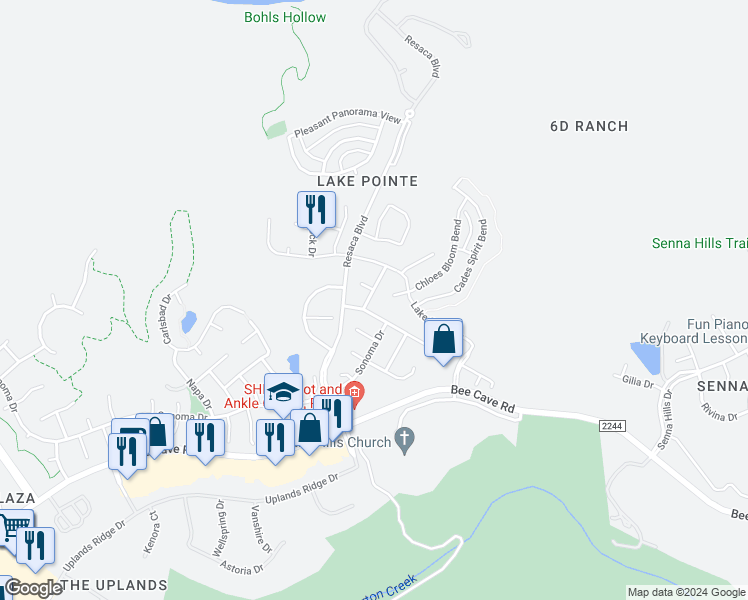 map of restaurants, bars, coffee shops, grocery stores, and more near 2509 Watercrest Drive in Austin