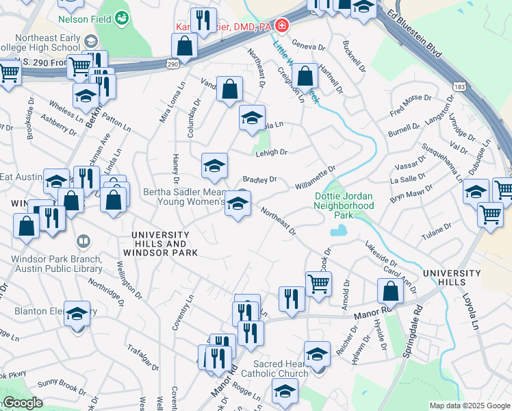 map of restaurants, bars, coffee shops, grocery stores, and more near 2013 Northeast Drive in Austin