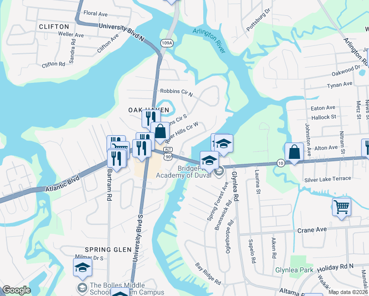 map of restaurants, bars, coffee shops, grocery stores, and more near in Jacksonville