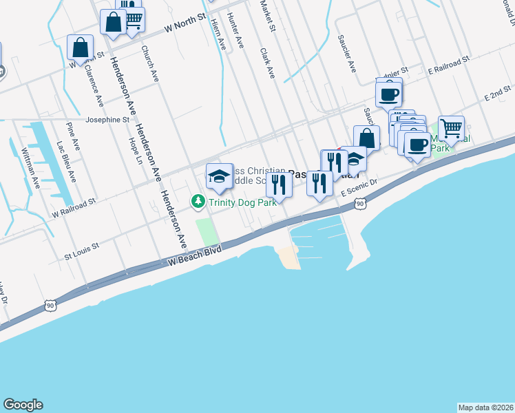 map of restaurants, bars, coffee shops, grocery stores, and more near 216 West Beach Boulevard in Biloxi