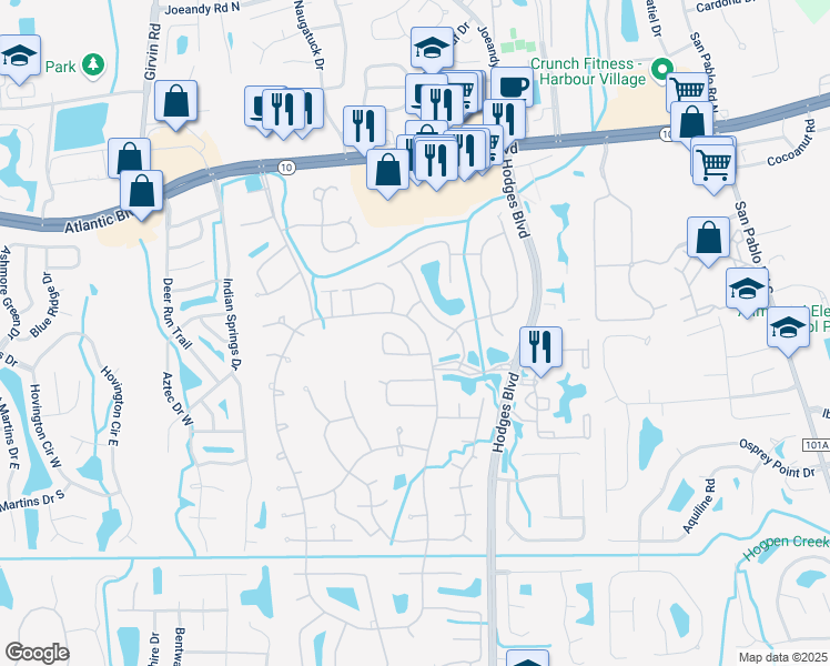 map of restaurants, bars, coffee shops, grocery stores, and more near 2202 The Woods Drive East in Jacksonville