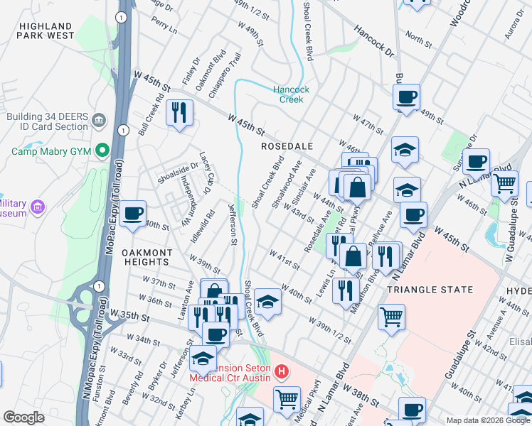 map of restaurants, bars, coffee shops, grocery stores, and more near 4204 Shoalwood Avenue in Austin