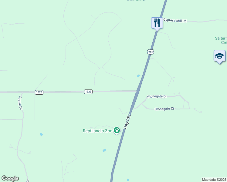 map of restaurants, bars, coffee shops, grocery stores, and more near 245 Ranch to Market Road 1323 in Johnson City