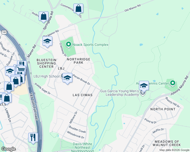 map of restaurants, bars, coffee shops, grocery stores, and more near 7601 Crystalbrook West in Austin