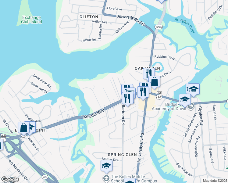 map of restaurants, bars, coffee shops, grocery stores, and more near 1501 Oak Haven Road in Jacksonville