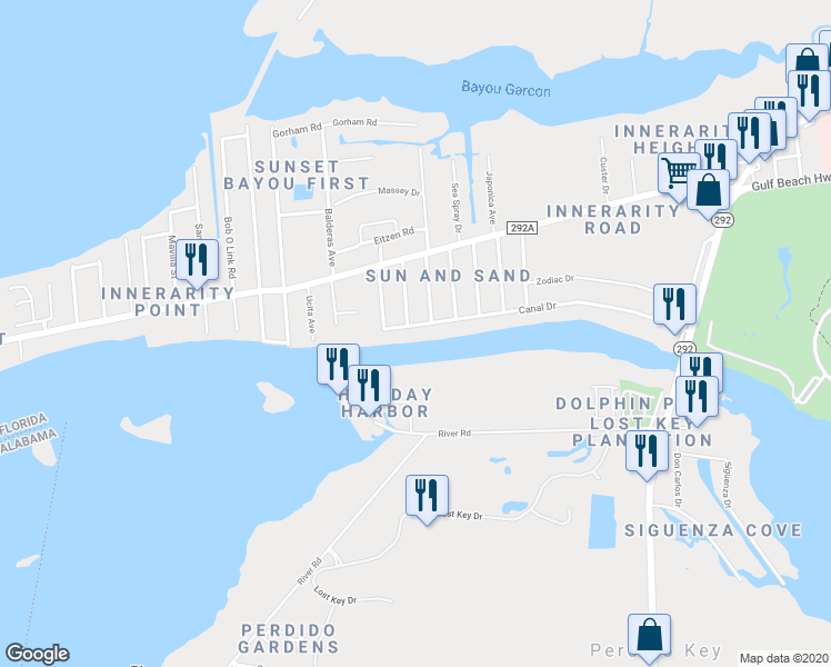 map of restaurants, bars, coffee shops, grocery stores, and more near 14075 Canal Drive in Pensacola
