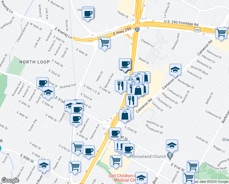 map of restaurants, bars, coffee shops, grocery stores, and more near 5402 Harmon Avenue in Austin