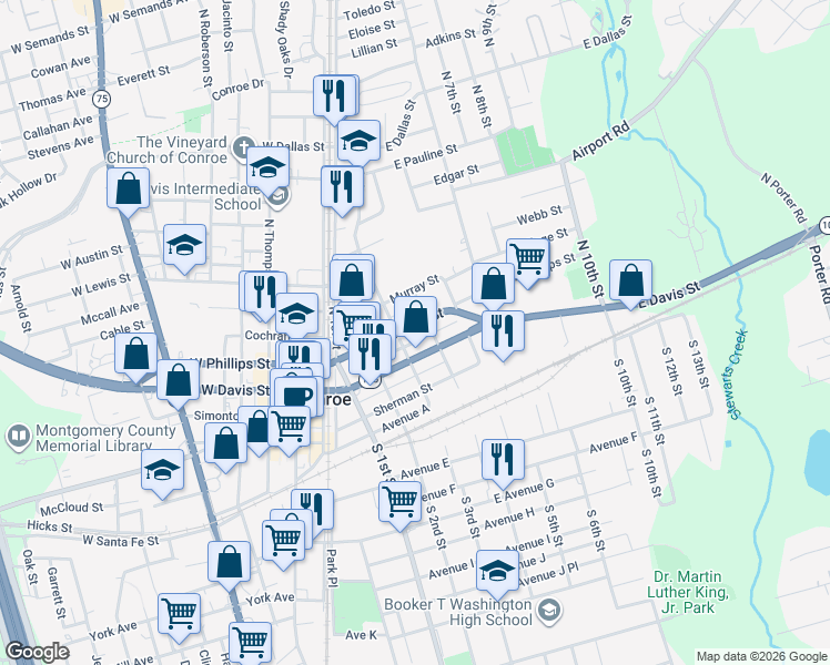 map of restaurants, bars, coffee shops, grocery stores, and more near 402 East Davis Street in Conroe