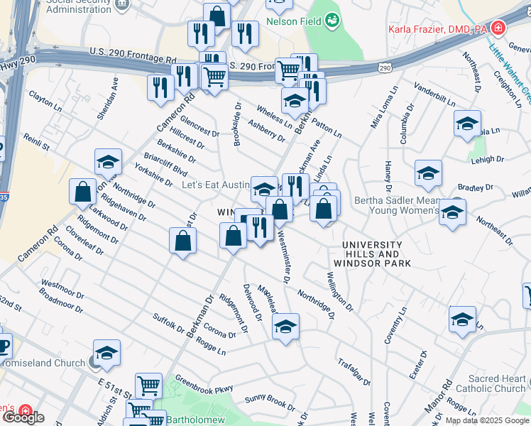 map of restaurants, bars, coffee shops, grocery stores, and more near 1711 Wheless Lane in Austin