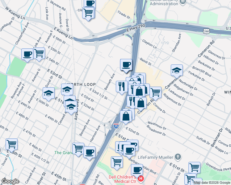 map of restaurants, bars, coffee shops, grocery stores, and more near 5402 Harmon Avenue in Austin