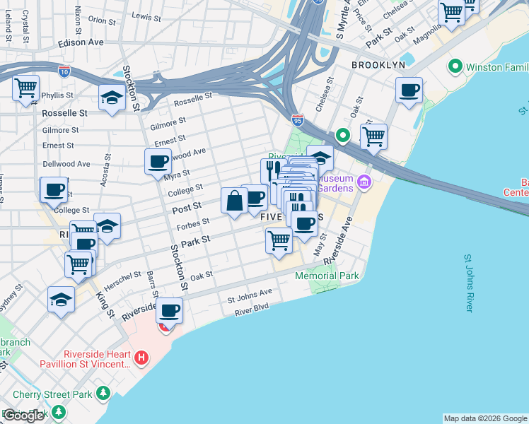 map of restaurants, bars, coffee shops, grocery stores, and more near 2046 Park Street in Jacksonville