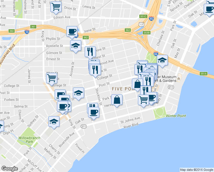 map of restaurants, bars, coffee shops, grocery stores, and more near 1104 Osceola Street in Jacksonville