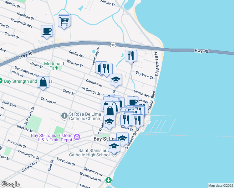 map of restaurants, bars, coffee shops, grocery stores, and more near 306 North 2nd Street in Bay St. Louis