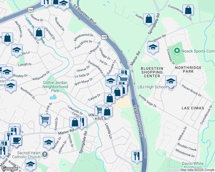 map of restaurants, bars, coffee shops, grocery stores, and more near 3304 Rockhurst Lane in Austin