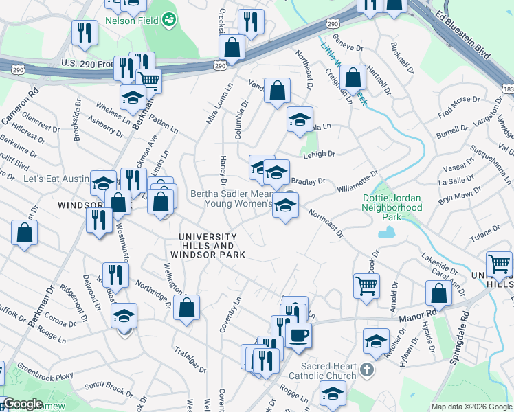 map of restaurants, bars, coffee shops, grocery stores, and more near 2208 Towbridge Circle in Austin