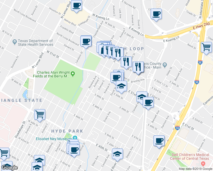 map of restaurants, bars, coffee shops, grocery stores, and more near 305 East 50th Street in Austin