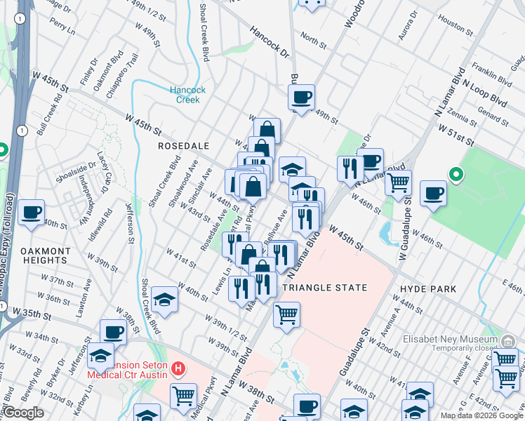map of restaurants, bars, coffee shops, grocery stores, and more near 1204 West 44th Street in Austin