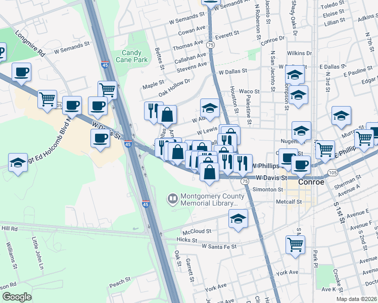 map of restaurants, bars, coffee shops, grocery stores, and more near 1000 Cable Street in Conroe