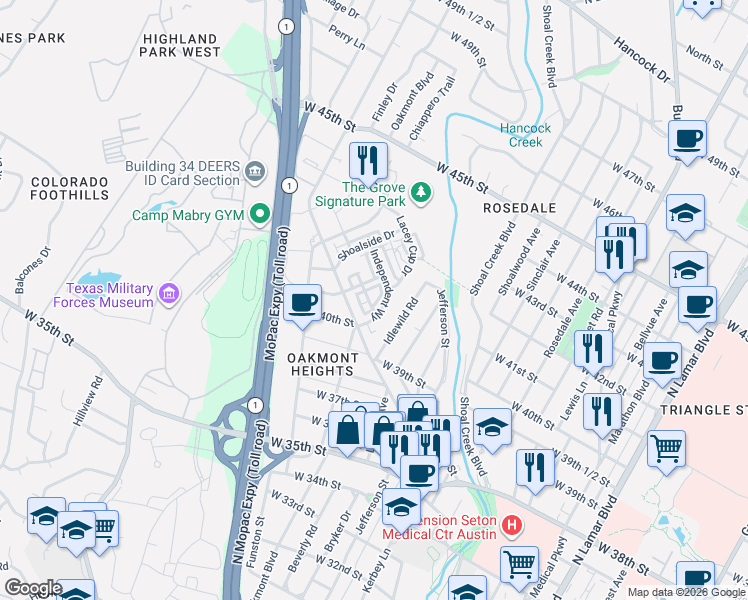map of restaurants, bars, coffee shops, grocery stores, and more near 4008 Manifest Lane in Austin
