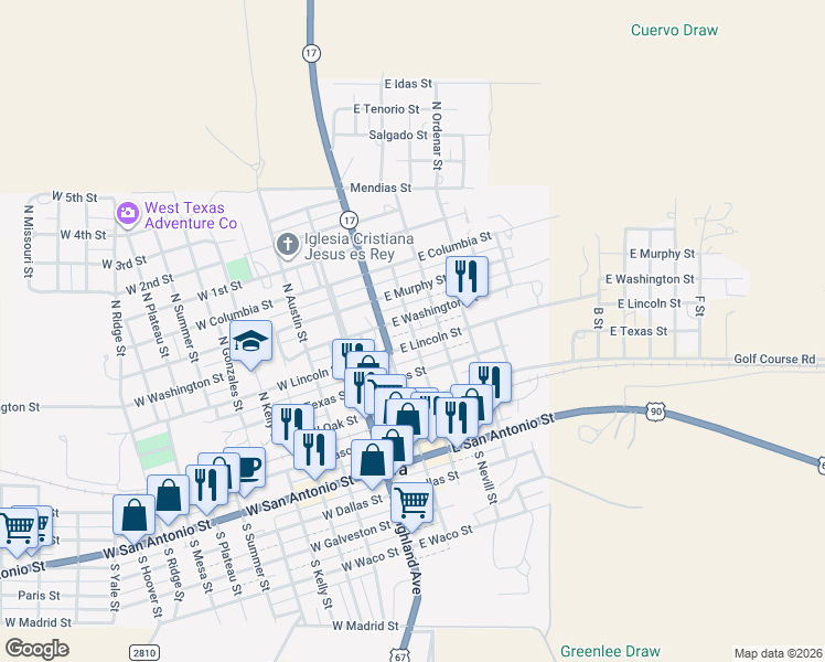 map of restaurants, bars, coffee shops, grocery stores, and more near 300 North Russell Street in Marfa