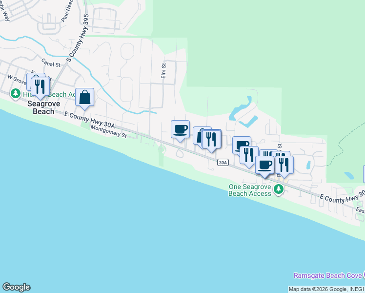 map of restaurants, bars, coffee shops, grocery stores, and more near 3604 East County Highway 30A in Santa Rosa Beach