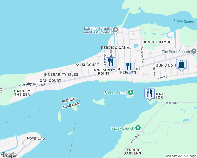 map of restaurants, bars, coffee shops, grocery stores, and more near 14403 Innerarity Point Road in Pensacola
