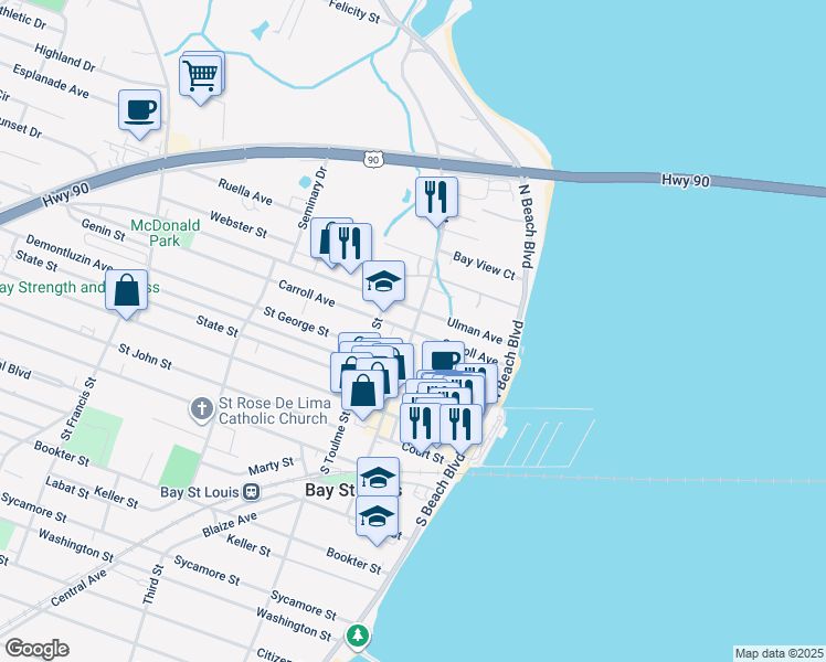 map of restaurants, bars, coffee shops, grocery stores, and more near 400 North 2nd Street in Bay Saint Louis