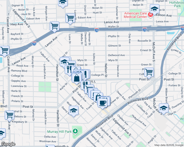 map of restaurants, bars, coffee shops, grocery stores, and more near 3610 College Street in Jacksonville