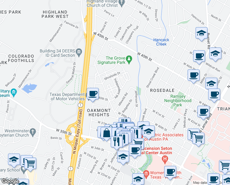 map of restaurants, bars, coffee shops, grocery stores, and more near 4008 Manifest Lane in Austin