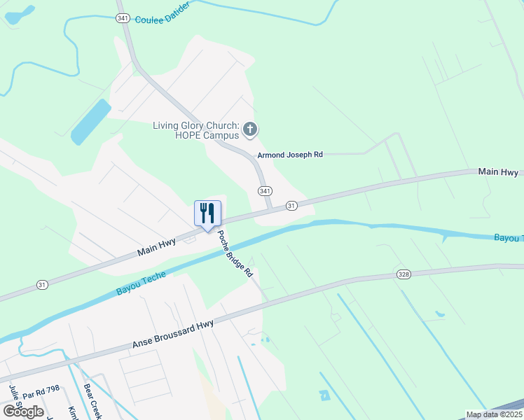 map of restaurants, bars, coffee shops, grocery stores, and more near 1898 Declouet Highway in Breaux Bridge