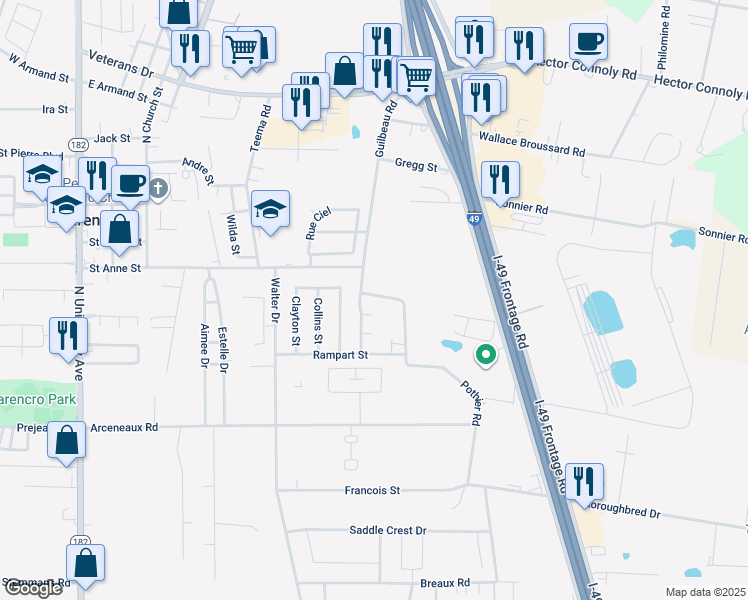 map of restaurants, bars, coffee shops, grocery stores, and more near 311 Guilbeau Road in Carencro