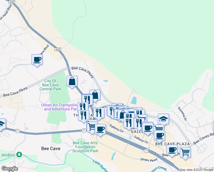 map of restaurants, bars, coffee shops, grocery stores, and more near 13200 Bee Cave Parkway in Bee Cave