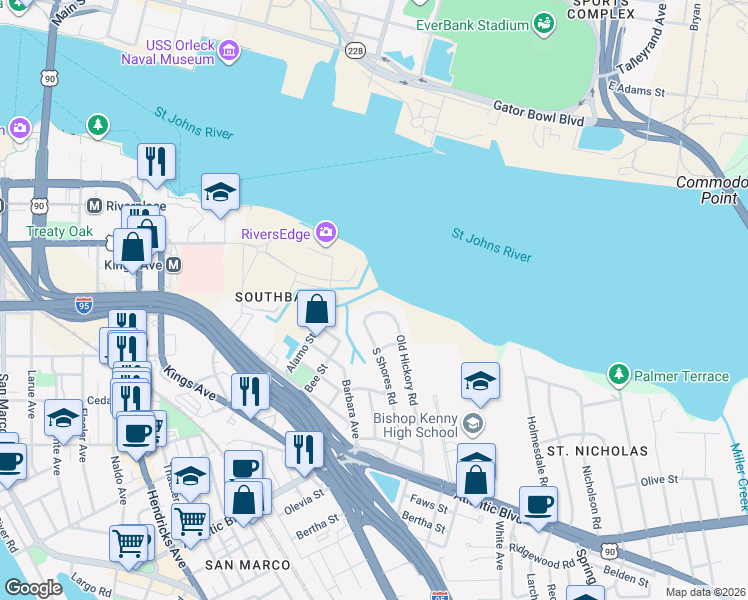map of restaurants, bars, coffee shops, grocery stores, and more near 707 Old Hickory Road in Jacksonville