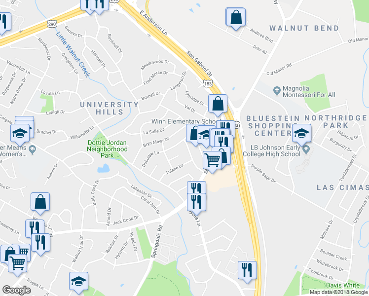 map of restaurants, bars, coffee shops, grocery stores, and more near 3205 Rockhurst Lane in Austin