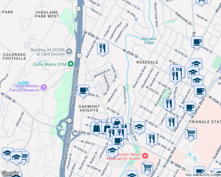 map of restaurants, bars, coffee shops, grocery stores, and more near 4011 Independent Way in Austin