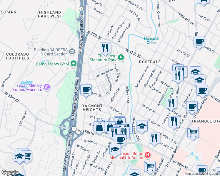 map of restaurants, bars, coffee shops, grocery stores, and more near 4017 Manifest Lane in Austin