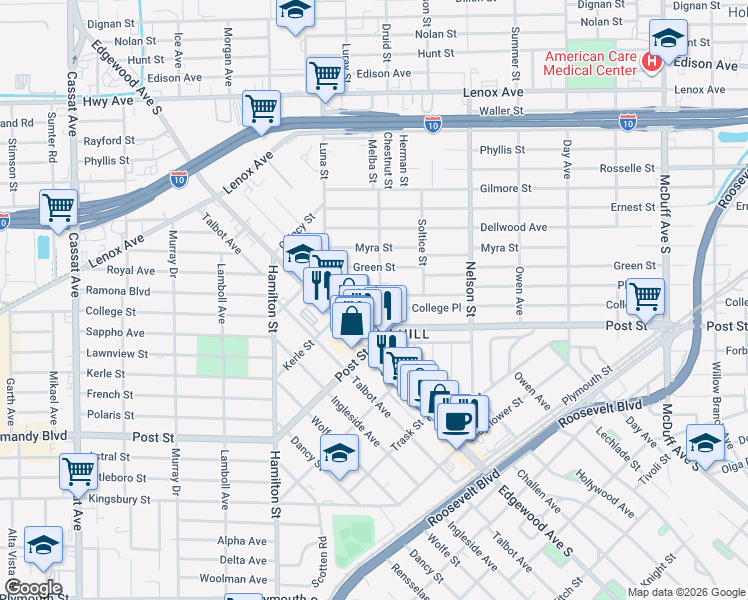 map of restaurants, bars, coffee shops, grocery stores, and more near 938 Jasmine Place in Jacksonville