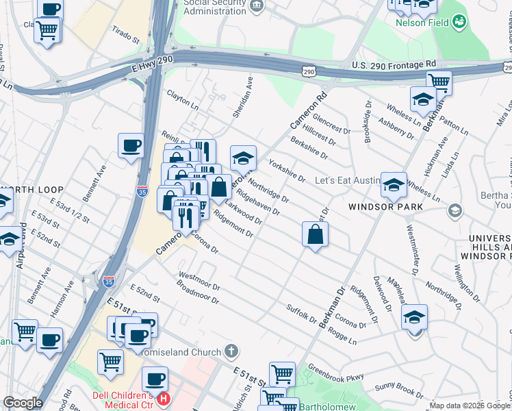 map of restaurants, bars, coffee shops, grocery stores, and more near 1307 Larkwood Drive in Austin